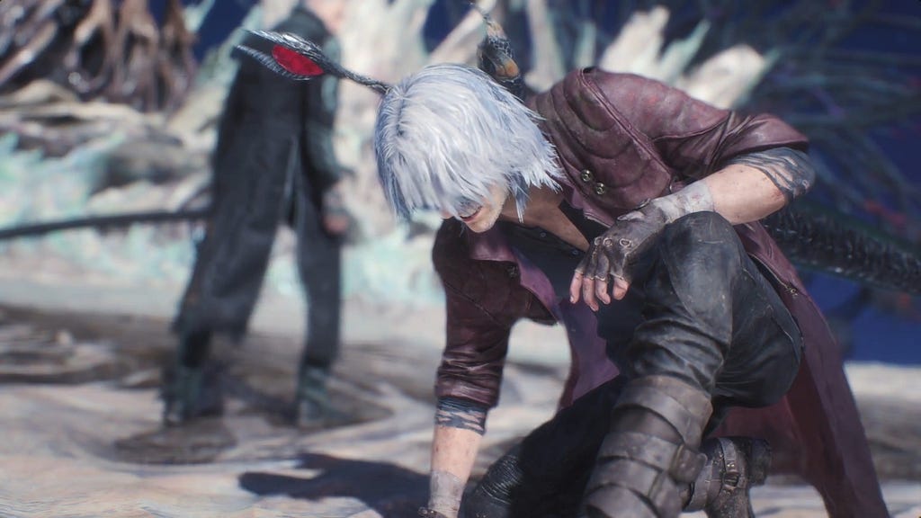 Game over screen from Devil May Cry V. Dante is on one knee in the foreground struggling to stay upright while Vergil stands in the background blurred, with his back to the player.