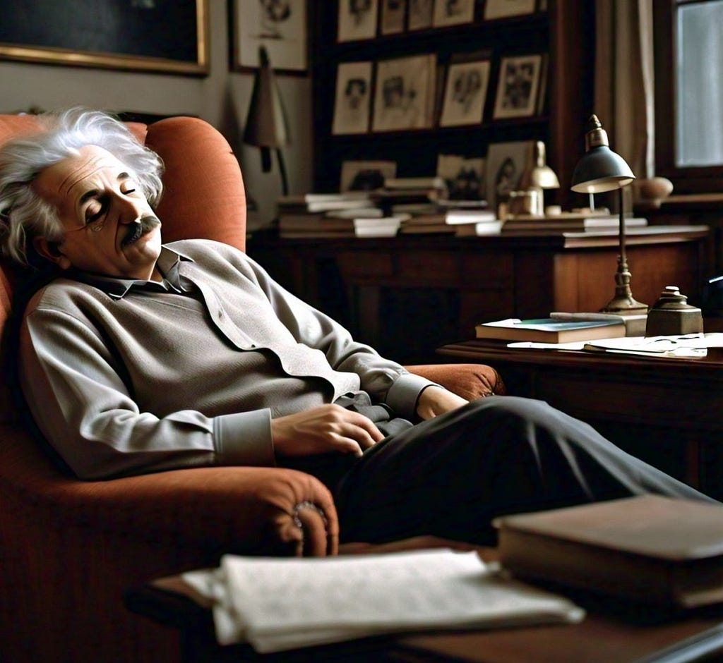 Albert Einstein taking naps during day at the middle of his brainstorming work