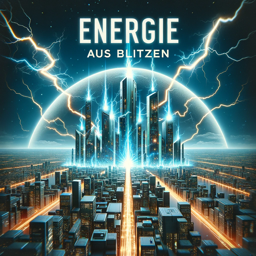 ChatGPT / DALL-E. The futuristic cityscape now includes the header “Energie aus Blitzen”