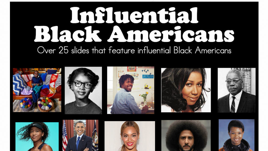 An image that says: Influential Black Americans, over 25 slides that feature influential Black Americans. It also has many images of some of the most influential Black Americans at the bottom.