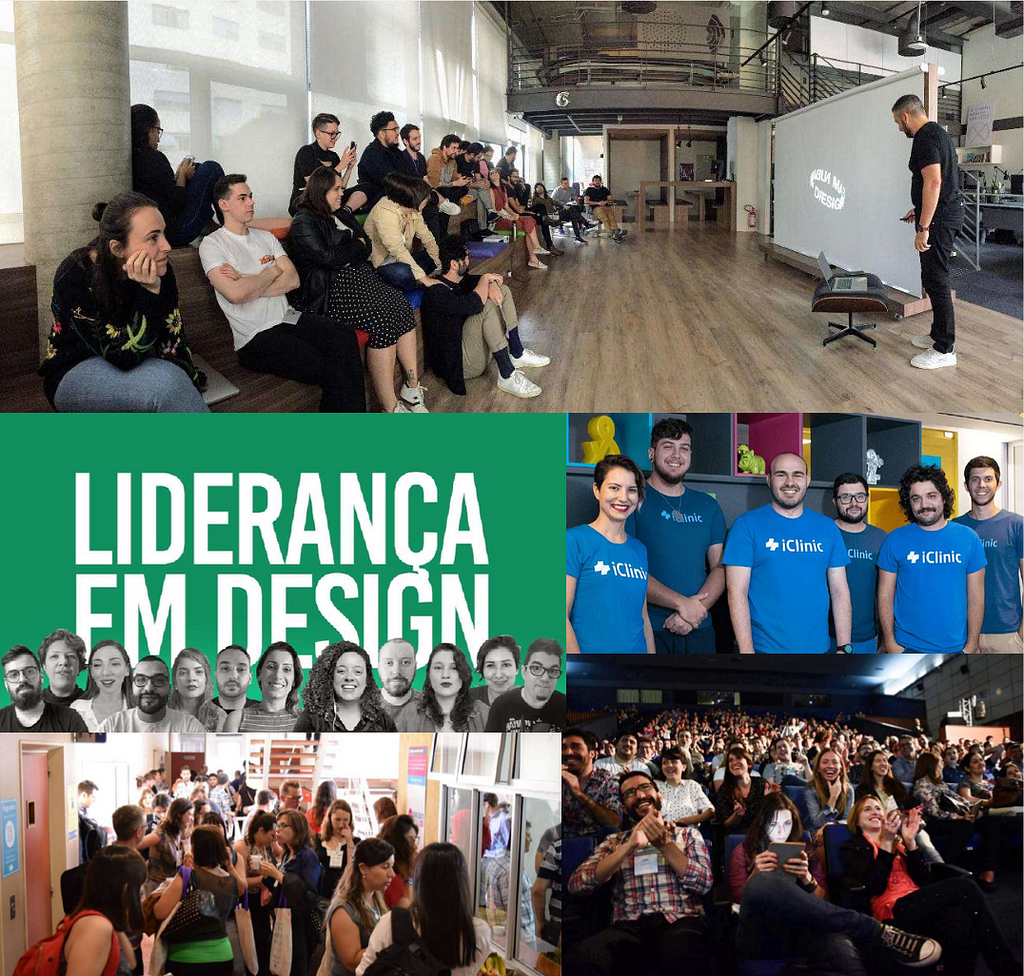 Colagem com fotos de equipes, eventos e conteúdos de Design com presença majoritária de pessoas brancas