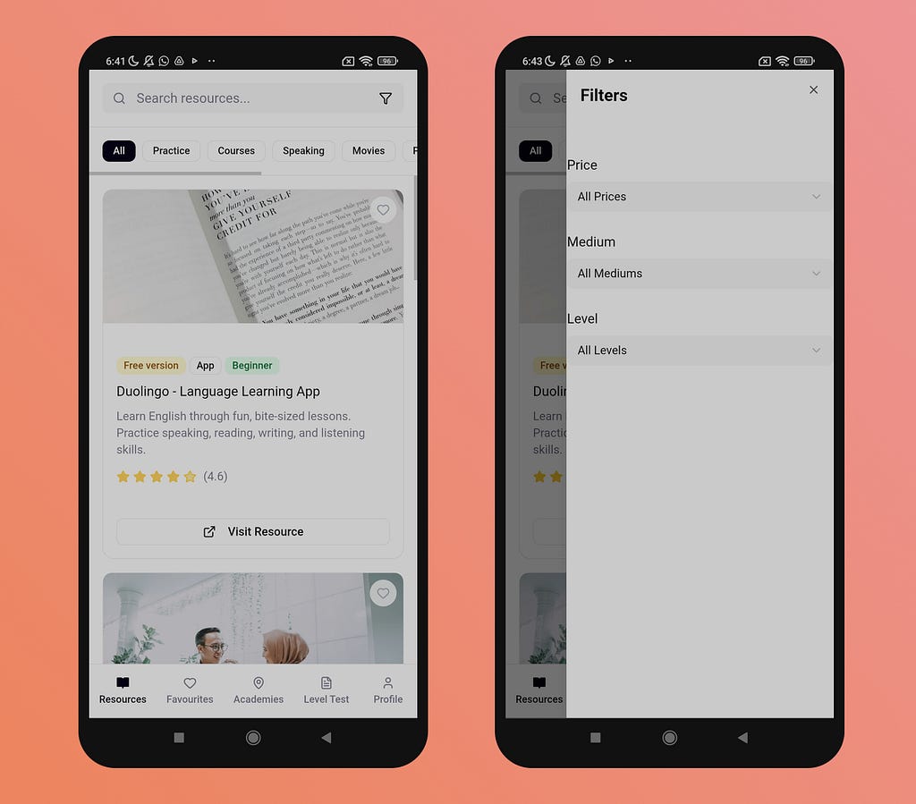 the resources page and filters of the learning languages app
