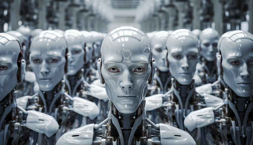 Crowded rows of identical androids. The android in the center is looking directly at the viewer.