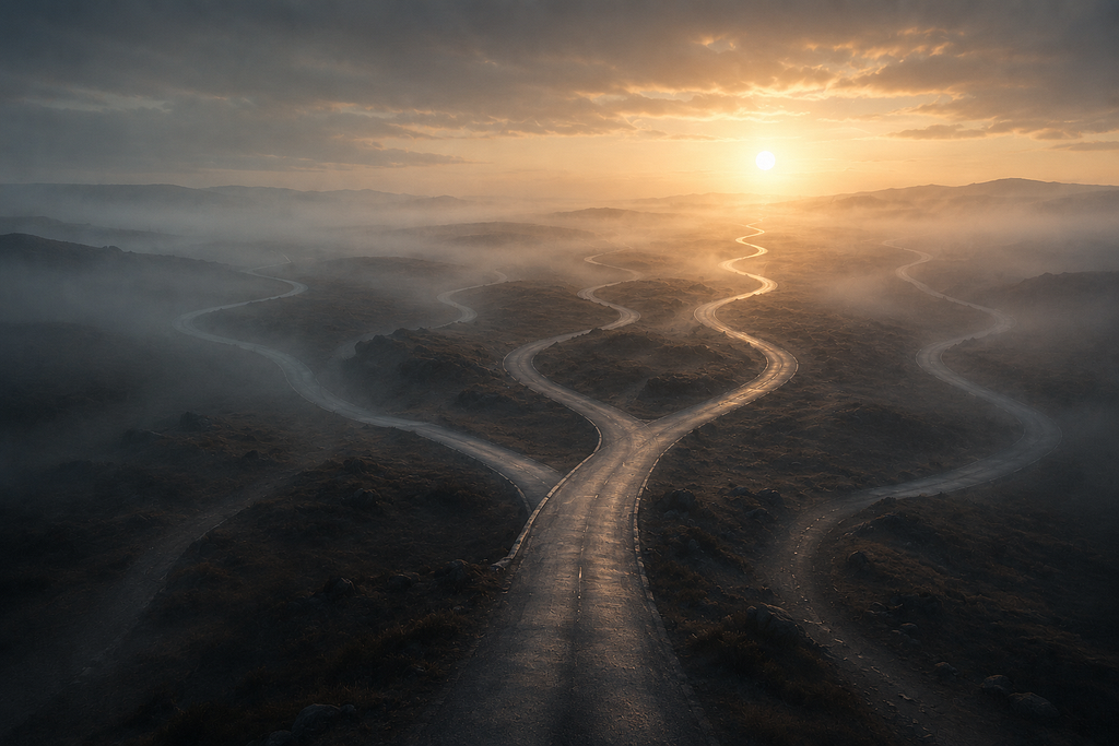 A single winding road splitting into several paths through a foggy landscape, each path faintly illuminated, but only one leading toward a clear sunrise on the horizon