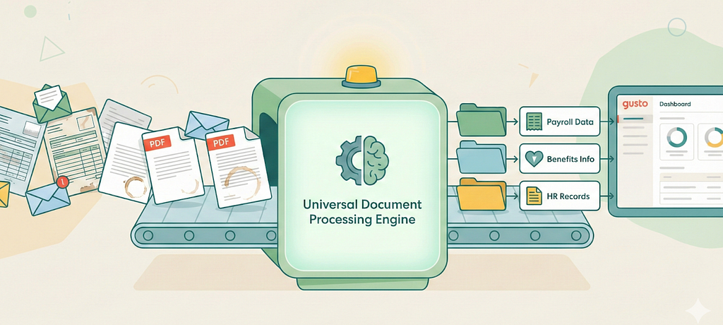 An image that depicts source documents, labeled as PDFs, flowing into a central “Universal Document Processing Engine.” This engine is shown connecting to and structuring data for various downstream applications, including information like Payroll Data, Benefits Info, and HR Records.