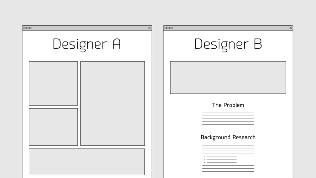 Designer A has a short site of images, Designer B has a long site of images and descriptions.