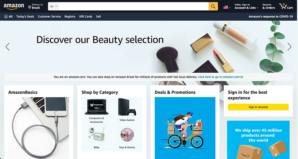 Imagem da tela inicial do site da Amazon