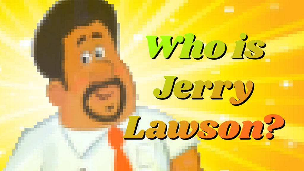 A pixelated bright yellow background and illustration of Jerry Lawson, a video game engineer, with the text “Who is Jerry Lawson?”