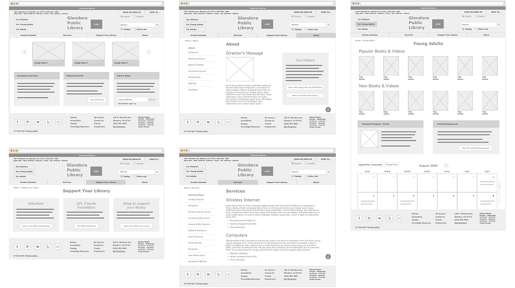 A selection of proposed wireframe illustrations.