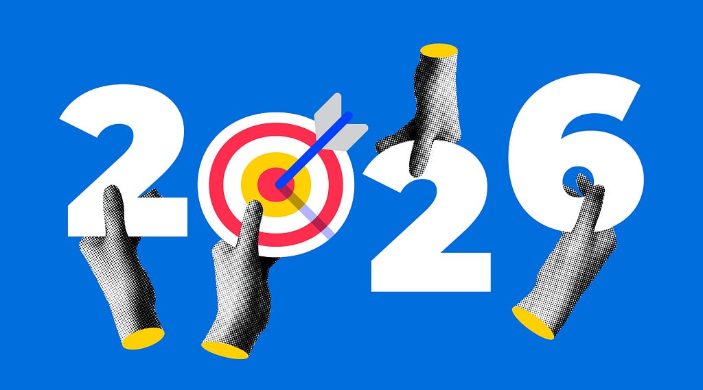 Halftone hands holding 2026 number.