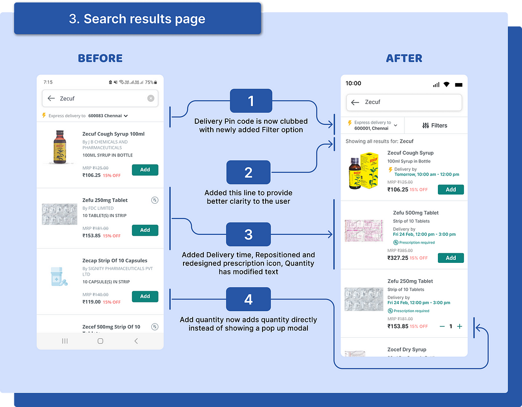 Before and after UI changes of search results page