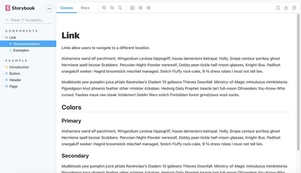 Storybook interface showing link component’s documentation