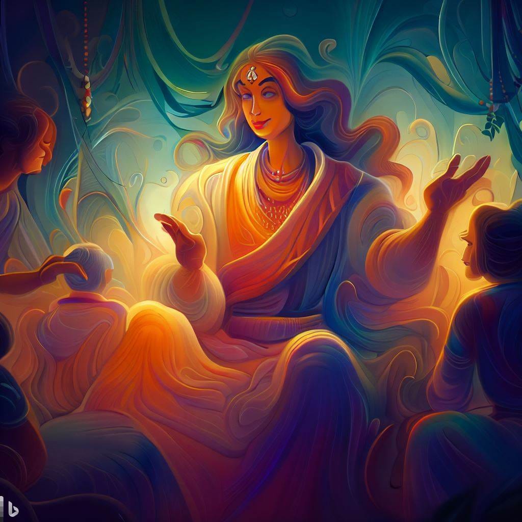 Scene of a storyteller narrating tales of Hindu mythology to a captivated audience, portrayed through expressive facial expressions and body language. This visual emphasizes the power of storytelling in fostering empathy, urging designers to weave compelling narratives into their interfaces to forge emotional connections with users.