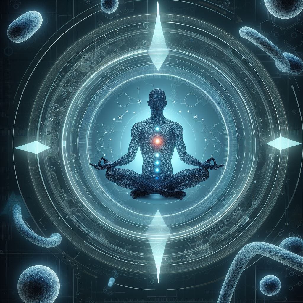 A person in a meditative pose, surrounded by a glowing aura that signifies spiritual energy. Floating strands and orbs around the figure represent the connection between the physical and spiritual aspects of fasting. A bright light emanates from the person’s chest, symbolizing the energy and vitality that comes from within. The dark blue tones of the image convey a sense of tranquility and the depth of the fasting experience.