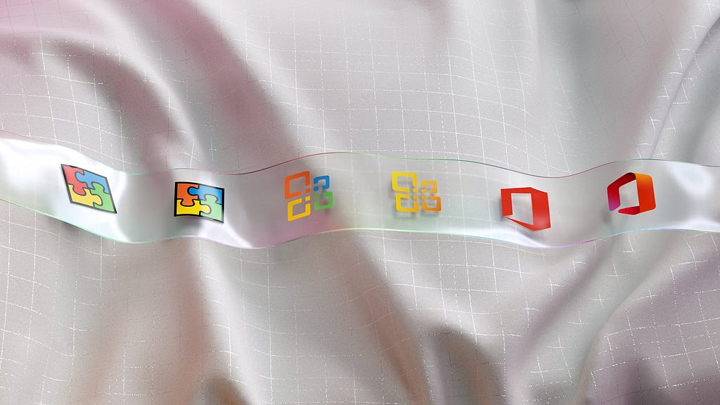 A sequence of icons that shows the evolution of the Microsoft Office brand since it was first announced in 1988.