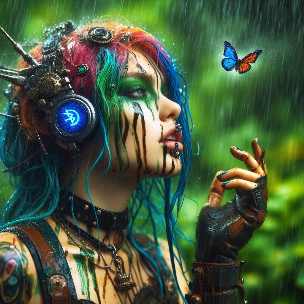 Steampunk styled woman with colourful hair in the rain, with Bluetooth head gear, looking up at a butterfly