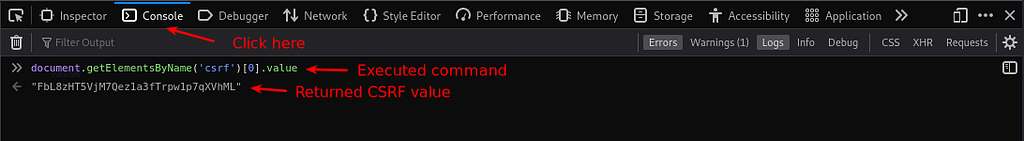 DOM-console view with arrows showing where the ‘console’ tab is, document.getElementsByName(‘csrf’)[0].value, and the csrf value returned.