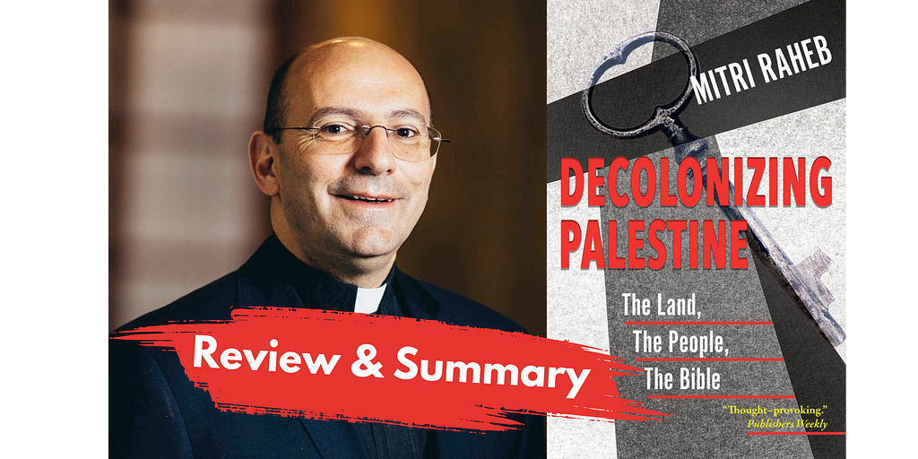 A photo of Mitri Raheb, a balding bespectacled man smiling at the viewer in a Lutheran pastor’s black clerical shirt and white collar, is set beside the cover of his book Decolonizing Palestine, which features a grayscale image of a key. Text over both images reads “review and summary”