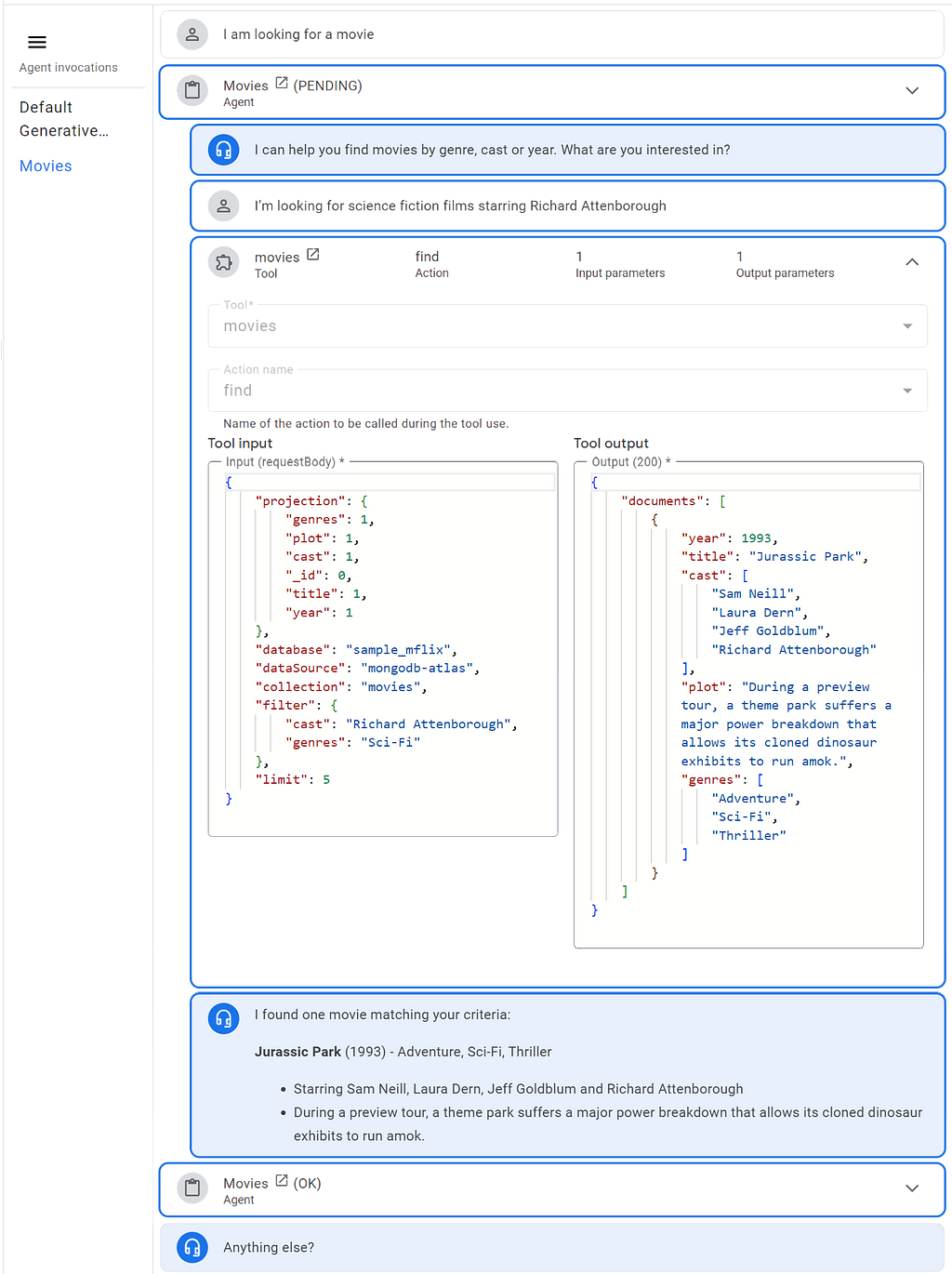 After updating our example, the Movies agent no longer gives a repeated greeting to the user, generates a query which retrieves only the fields of interest and provides a neater, more readable response.