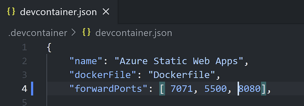 Contains a screenshot of devcontainer.json with the forwardPorts property containing a list of ports — [ 7071, 5500, 8080]