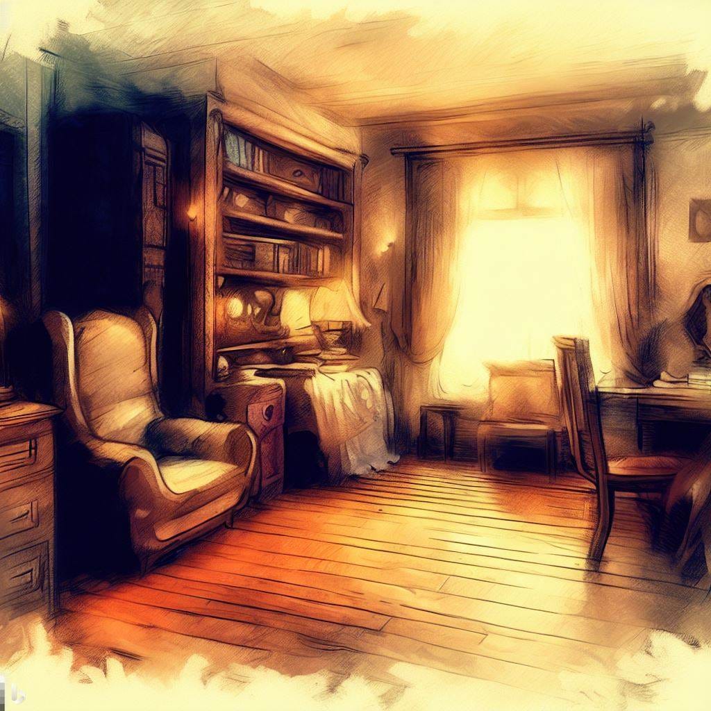 A hand drawing of a vintage living room, with an armchair, bookshelf, and a wooden table.