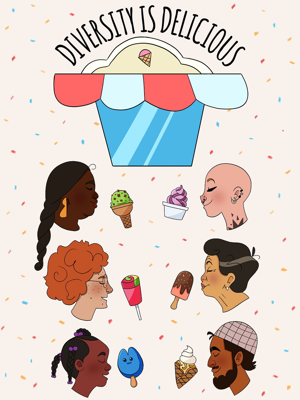 An illustration saying ‘Diversity is delicious,’ featuring six people eating ice cream