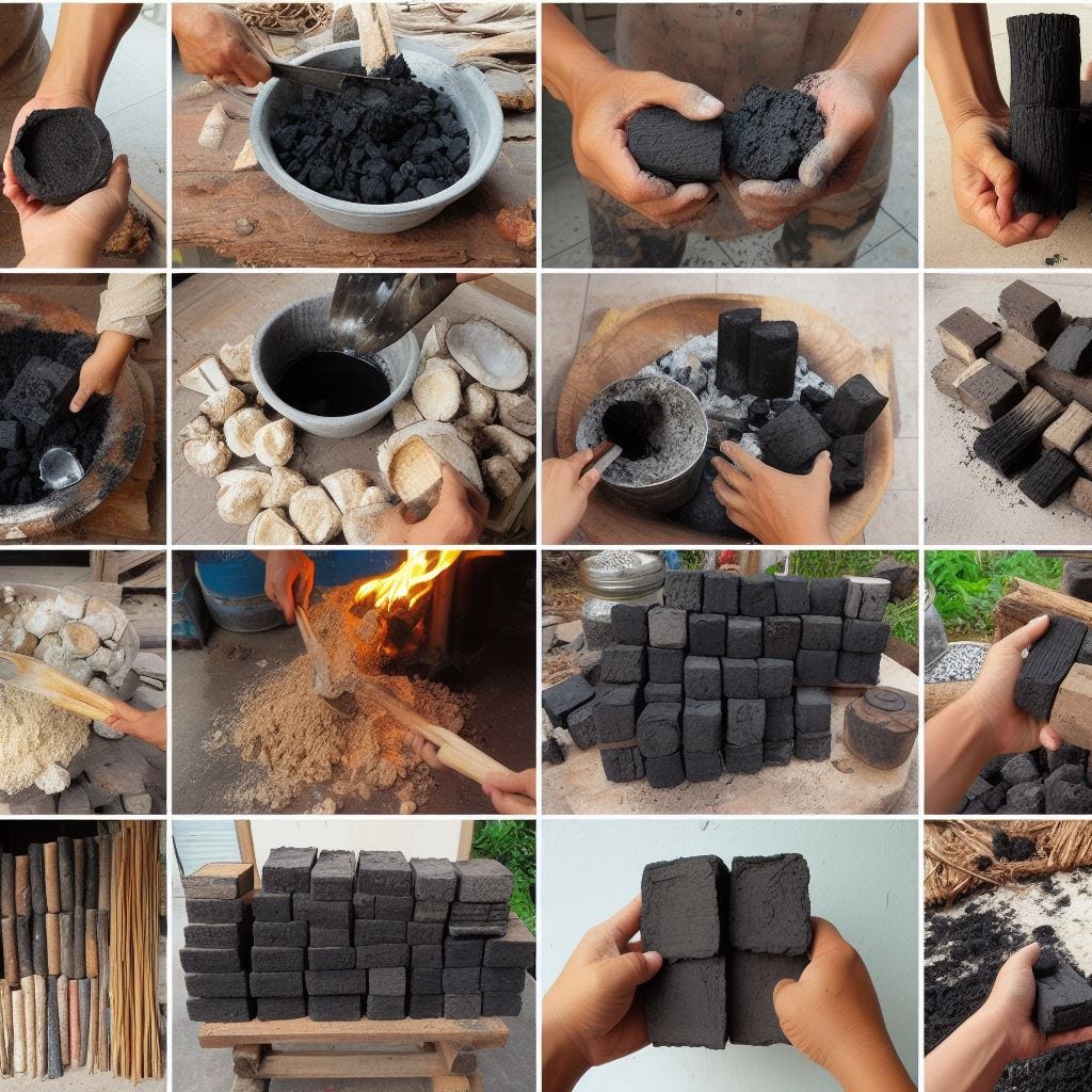 A series of images illustrating the sustainable journey of briquette production, emphasizing environmental responsibility.
