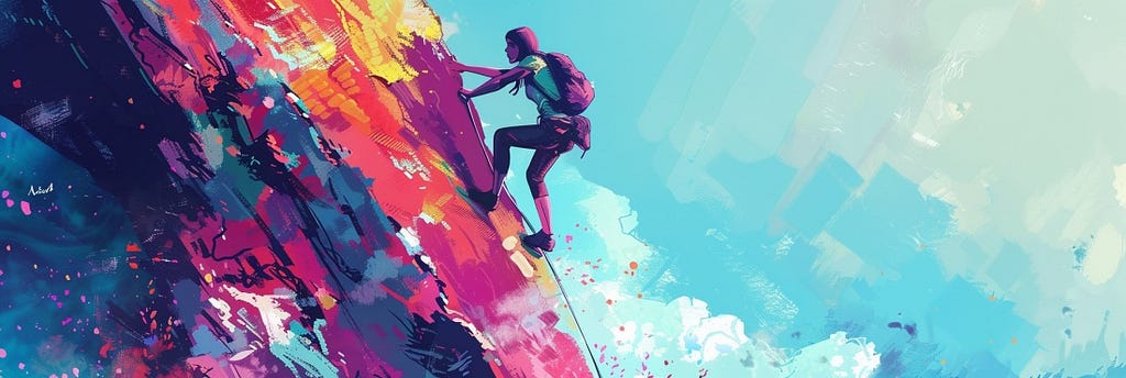 A colourful illustration of a woman climbing a steep rock face.