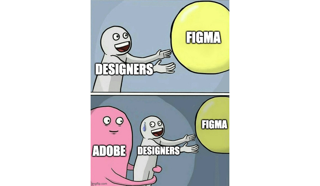 The top part of the meme shows a character labeled, “Designers” reaching for a yellow circle labeled, “Figma”. The bottom part of the meme shows the same character reaching for a yellow circle but has a sweat drop as it looks back towards a character that is reaching around it labeled, “Adobe”