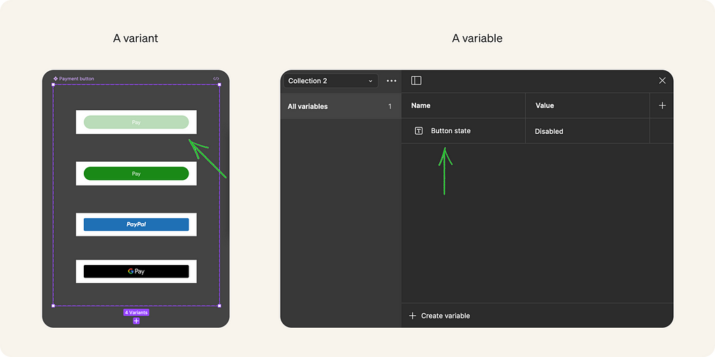 Illustration of a variant and a variable in Figma’s interface