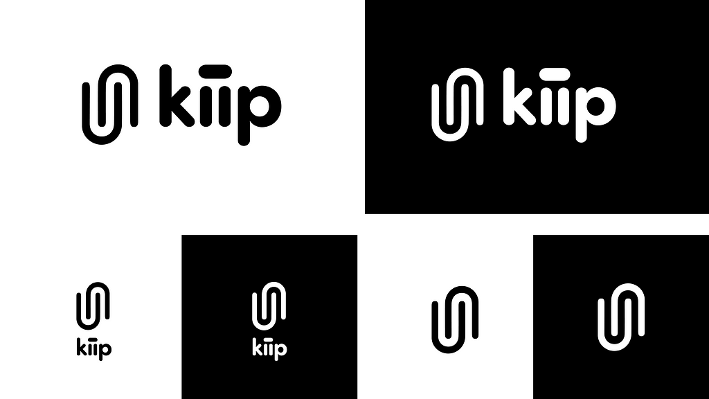 The Kiip logo in black on white and white on black combinations. There are several iterations with the icon and company name together or just the icon.