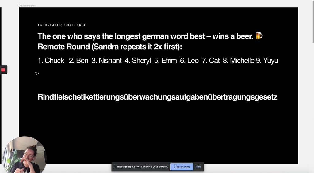 A presentation slide, that displays the icebreaker challenge which is a german fun phrase (longest word in German).