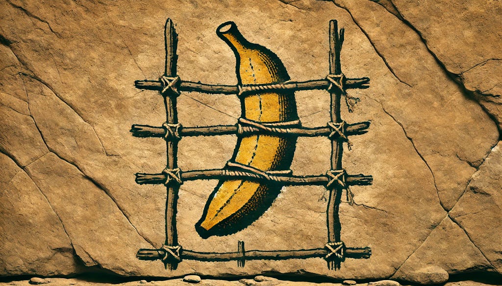 A pic of a banana tied to fences.