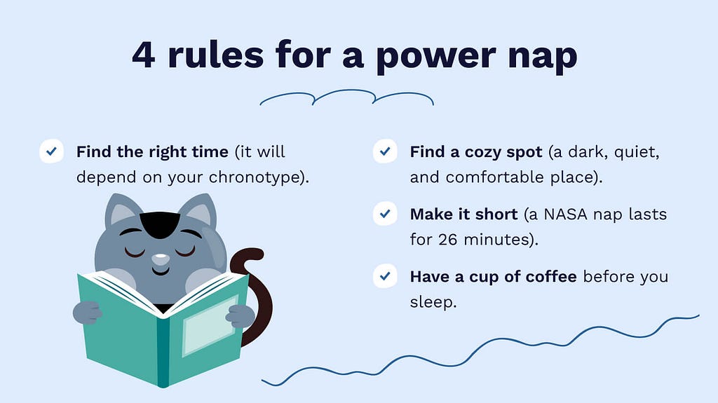 The picture lists four rules for a power nap.