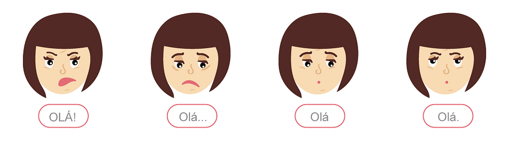 4 expressões do rosto da personagem May ilustrada por Luisa Brandt com texto no box de cada uma dizendo "Olá".