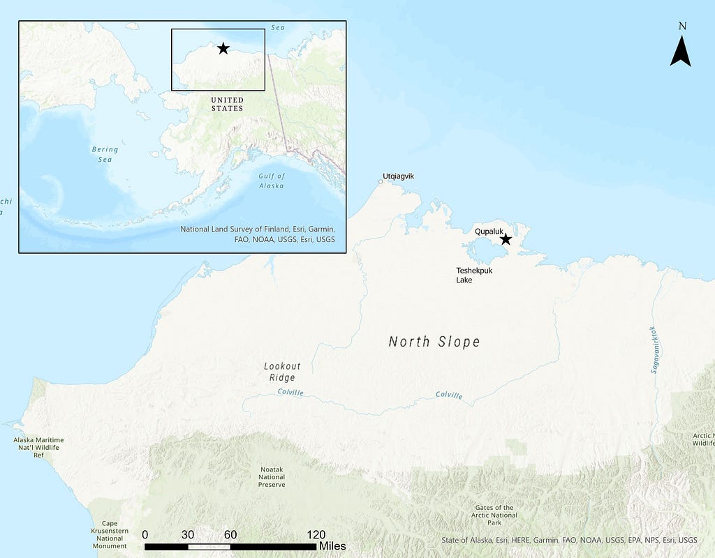 map of the north slope of alaska depicting teshekpuk lake and qupaluk in the context of the state of alaska