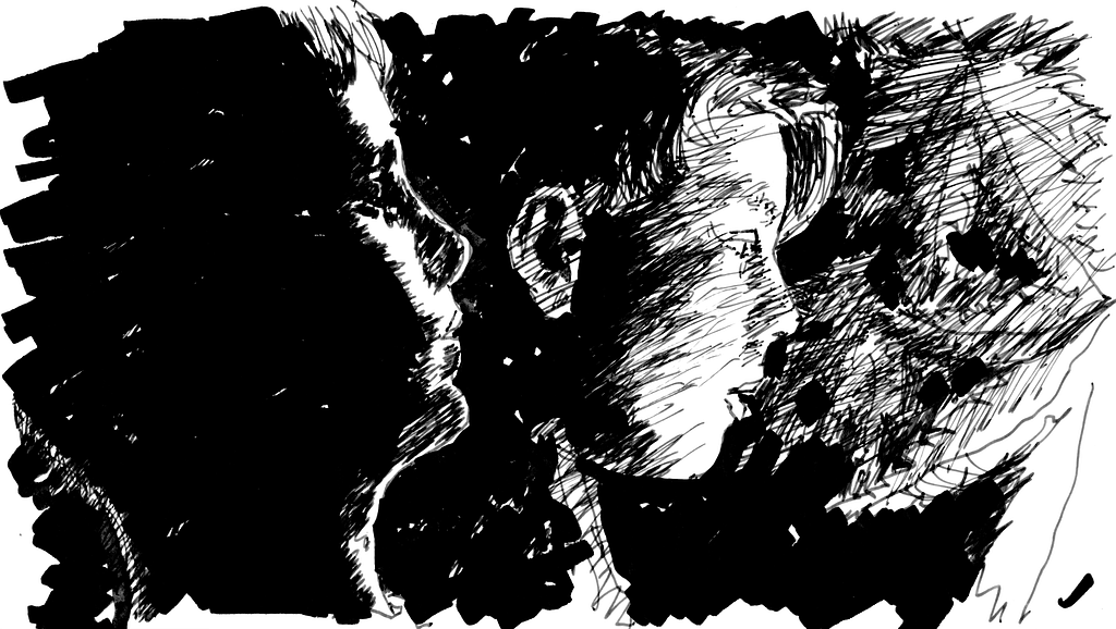Close-up black line drawing of two boys’ faces from the side at night under leafy trees