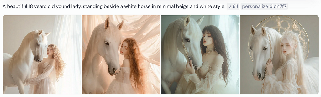 A beautiful 18 years old yound lady, standing beside a white horse in minimal beige and white style