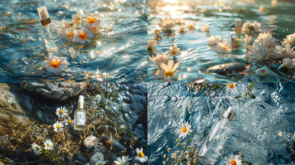 Product photography, skin care product, lying on the water surface, with flowers, stone on sparkling water, natural lighting, center composition