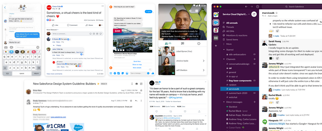 collage of different channels including text thread on a phone, email, video call, Slack conversation