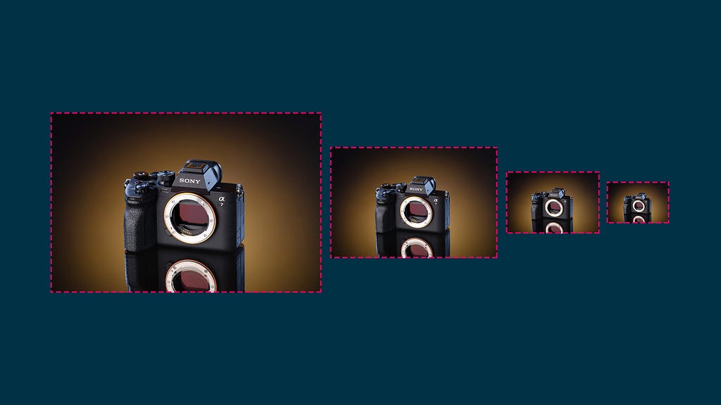 Four identical images of a Sony camera, each image in a different size, against a dark blue background
