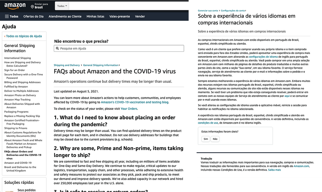 Exemplo Amazon, com prints de telas sobre a confusão idiomática Inglês e Português na navegação pela Home.