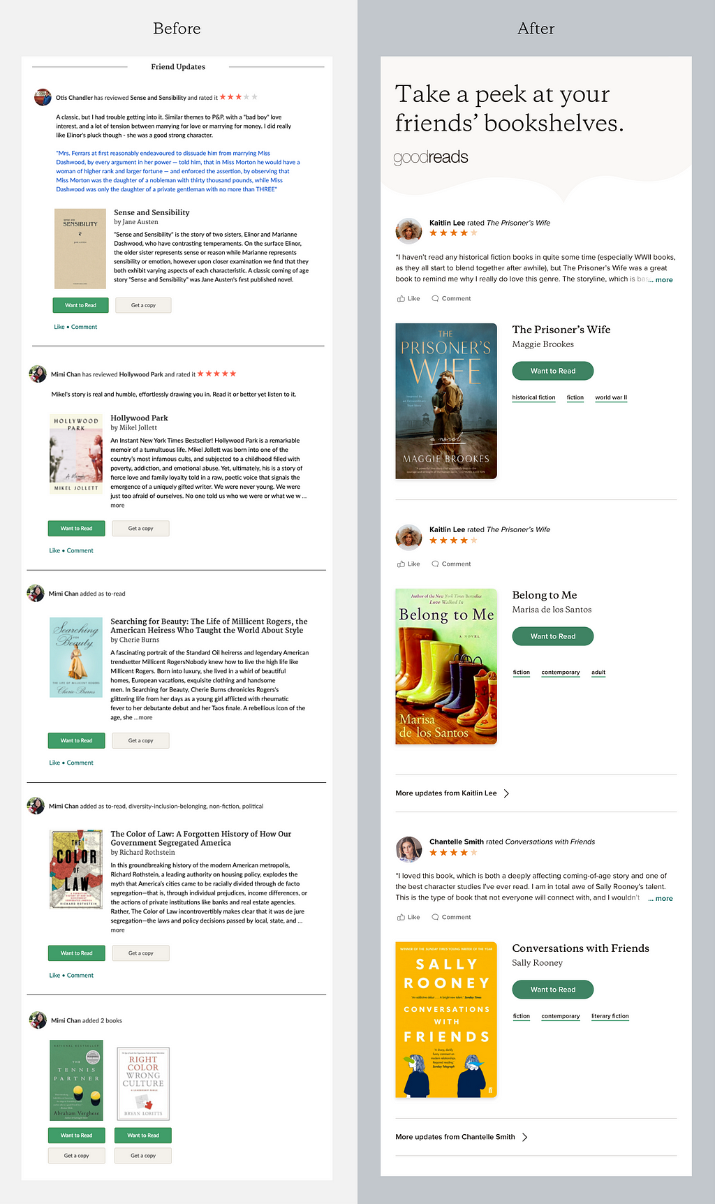 Goodreads social updates emails, before and after a template redesign