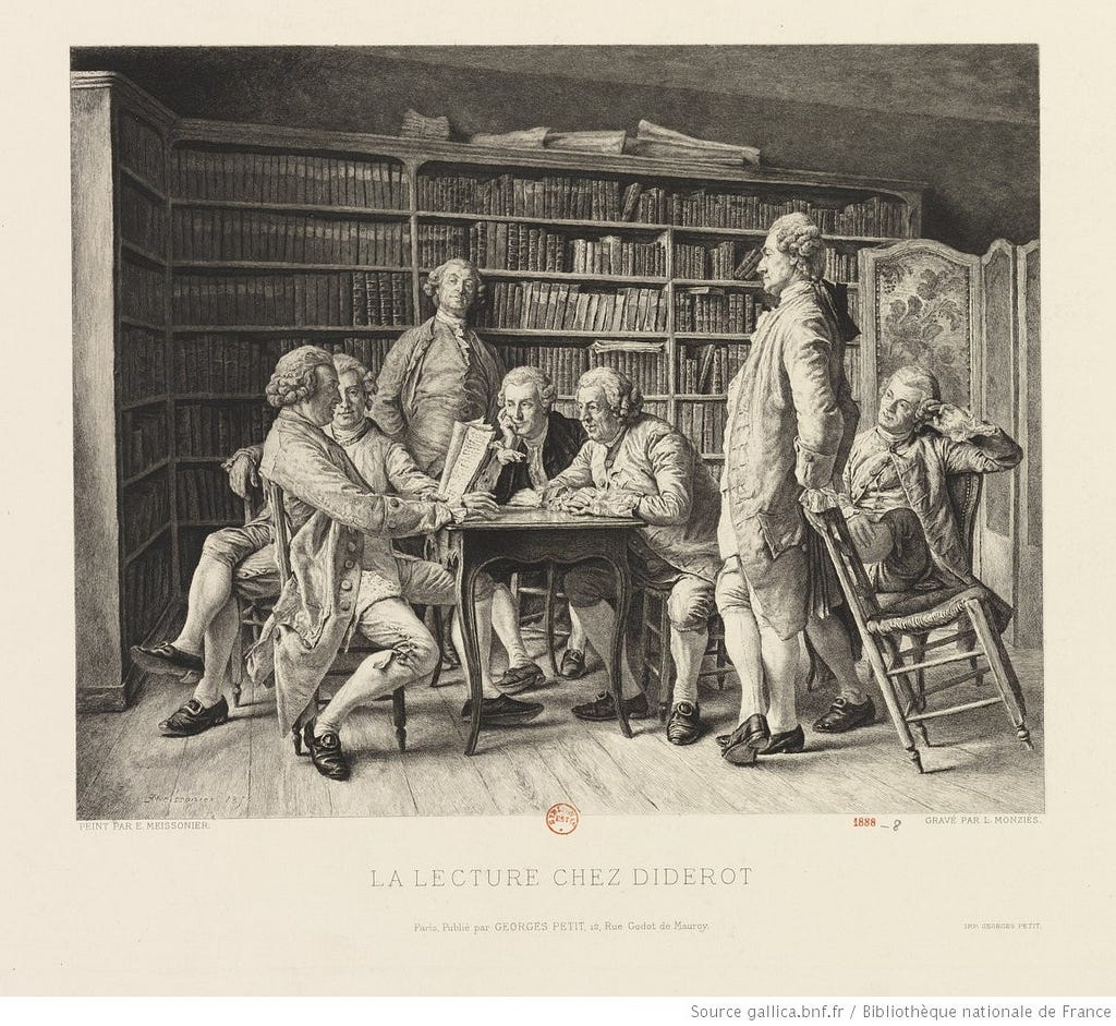 Fig. 1. — « La lecture chez Diderot », gravure de Louis Monziès de 1888 d’après d’Ernest Meissonier, BNF, Gallica