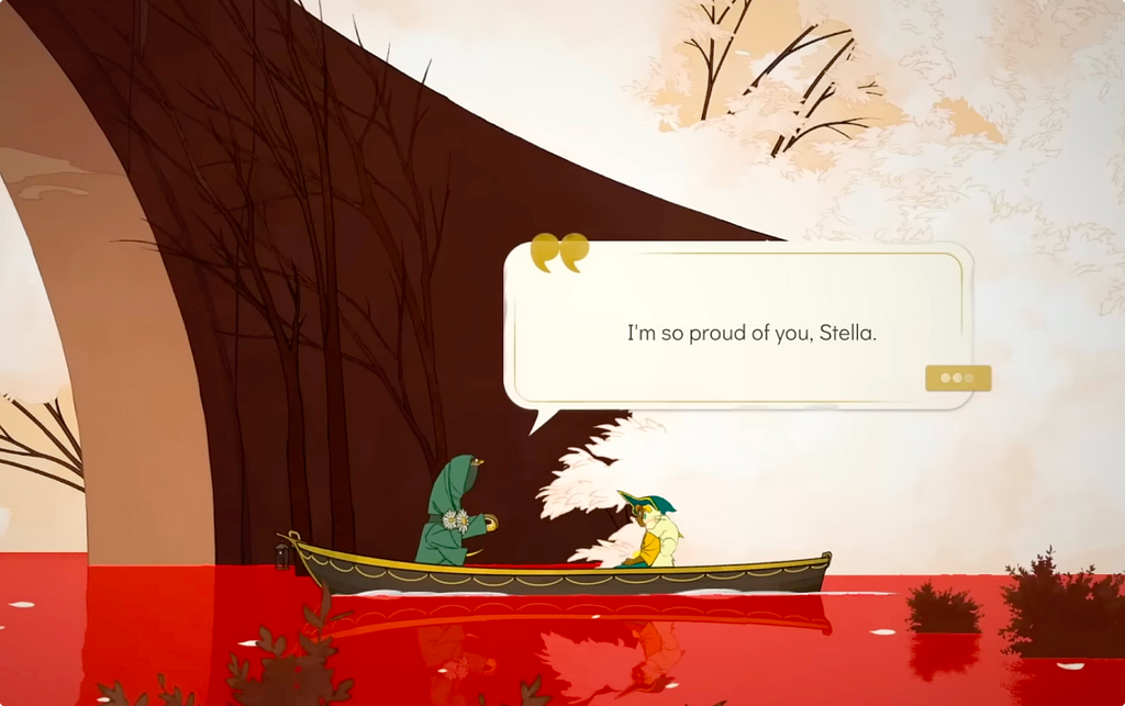 A Spiritfarer scene showing two characters in a boat on a deep red river beneath bare winter trees, with a dialogue box reading “I’m so proud of you, Stella.”