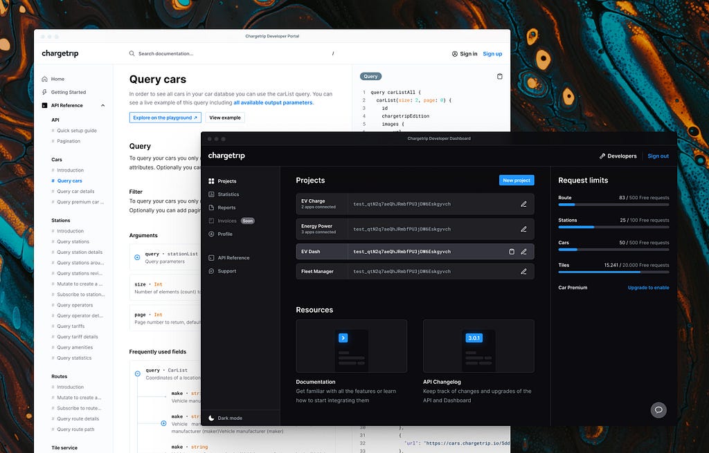 A visual representation of the Chargetrip Developer Portal in light mode and the Chargetrip Developer Dashboard in dark mode on an abstract background.