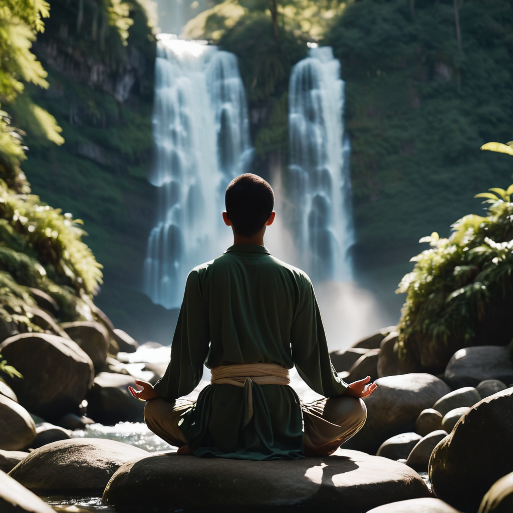 Finding peace and spiritual renewal through meditation beside a waterfall.