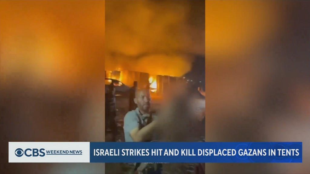 Screenshot from CBS weekend news about Israeli Strikes Hi and Kill Displaced Gazans In Tents