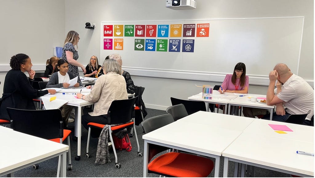 Three tables of people in discussion at a workshop. There is a display of the UN’s Sustainable Development Goals on the wall behind the tables.