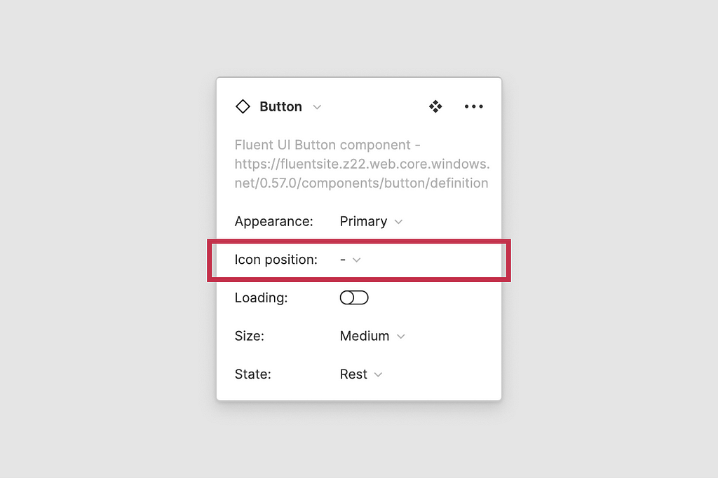 Button controls inside Figma UI variants panel highlighting the “Icon position” prop